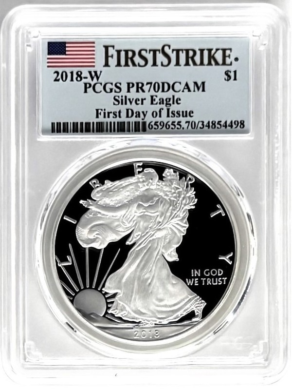 2018 W PROOF SILVER EAGLE FIRST DAY OF ISSUE PCGS PR70 FLAG BLUE LABEL