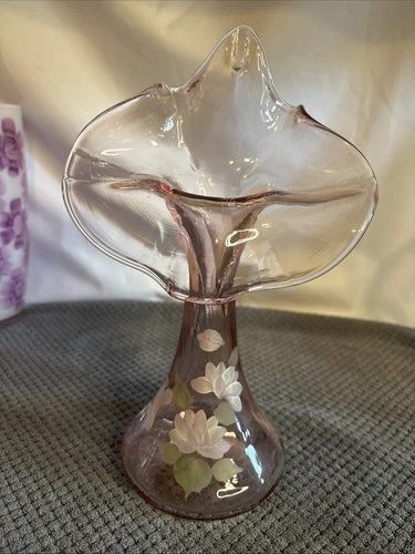 Vintage Fenton Vase Jack in the Pulpit Soft Pink Glass Hand Painted S Bryan Sign