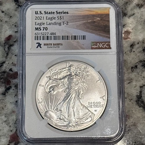 2021 AMERICAN SILVER EAGLE TYPE 2 NGC MS70 7K US STATE SERIES NORTH DAKOTA