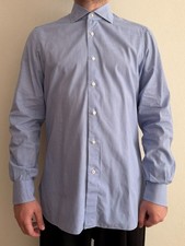 Isaia Napoli Men's Blue Micro Check Dress Shirt Button Up Spread Collar Sz 16/41