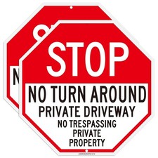 Stop No Turn Around Private Driveway Sign, 2Pack 12x12Inches, Red