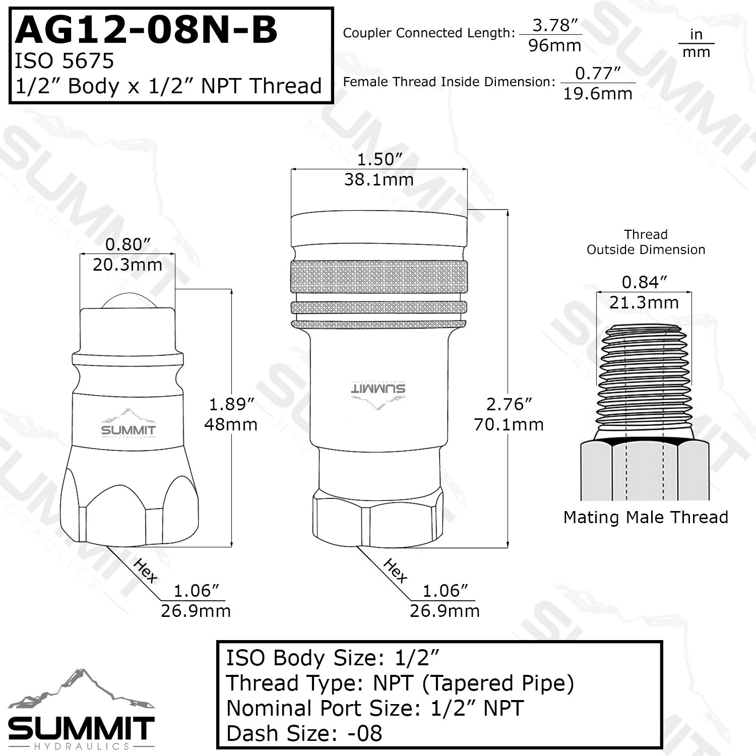 1/2&Prime; Ag Hydraulic Quick Connect Female Coupler, Ball Valve, 1/2&Prime; NPT Thread