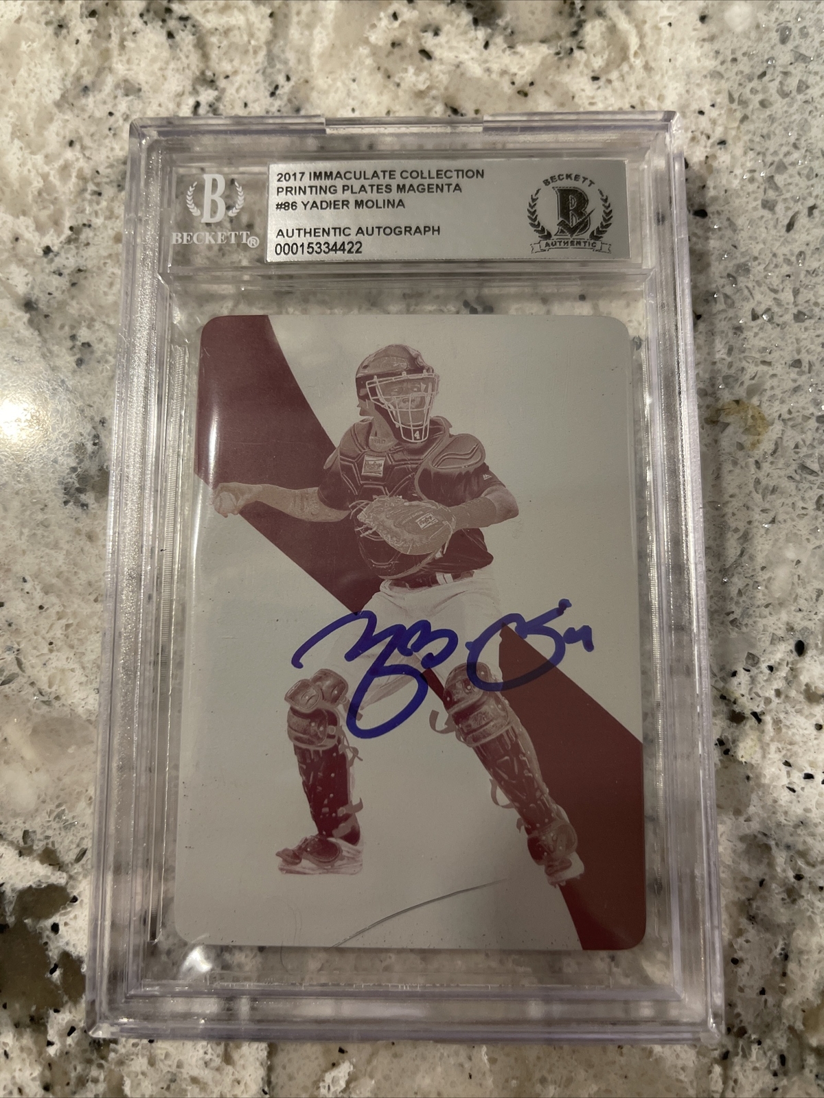 Yadier Molina Autographed Signed 2017 Immaculate Magenta Printing Plate 1/1 Beckett Encaped 
