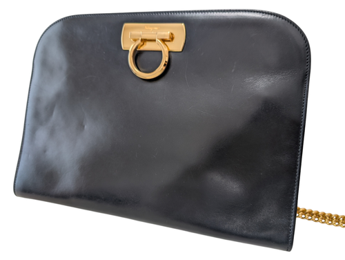 Salvatore Ferragamo Gancini Chain Shoulder Clutch Bag Leather Black Authentic - Picture 21 of 24