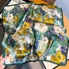 100% Silk 27'' Scarf Women Green Oil Paiting Flower Kerchief Square Bandana Wrap