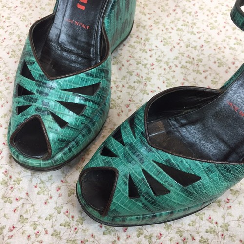 Miu Miu Green Jungle Snake Print Leather Chunky Platform Heels Womens 37.5 / 7.5 - Picture 11 of 12