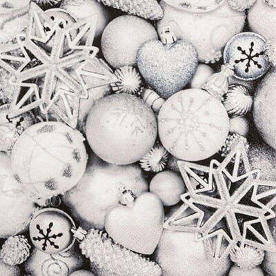 20 Servietten Silver Baubles Christbaum Schmuck Deko Kugeln silber weiß 33x33cm