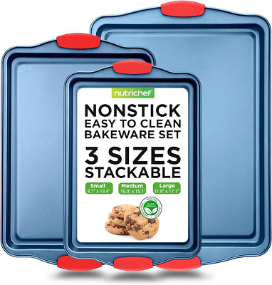 Nonstick 3-Piece Baking Pans Set   Carbon Steel Bakeware with Blue Coating insid