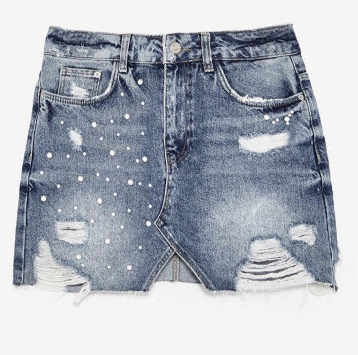 Zara Pearl Embellished Denim Mini Skirt