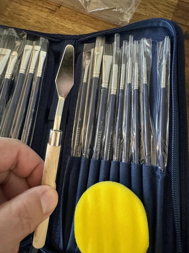 US Art Supply 16 Pc Long Handle Bristle Hair Artist Paint Brush Set Sponges  Cas - Image 4 of 4