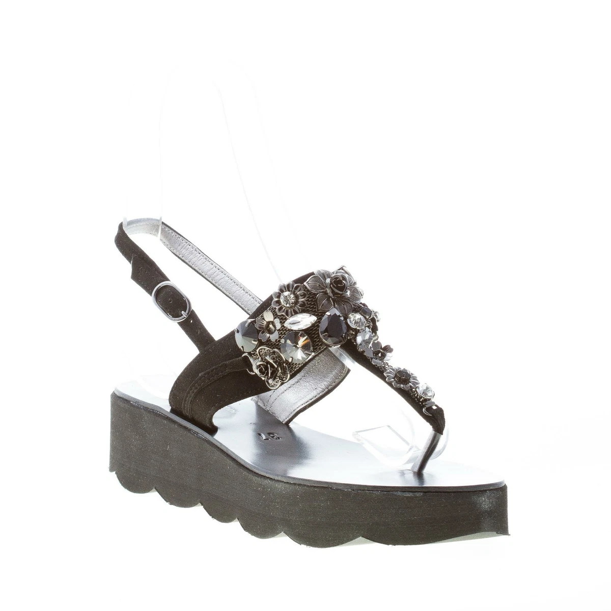 ROBERTO SERPENTINI women shoes Black suede jewel thong sandal Made