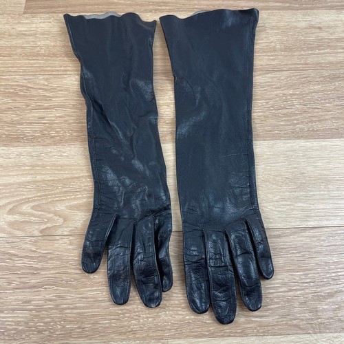 Vintage Black Genuine Leather Opera Gloves Long Elbow Length Formal Size 6.5