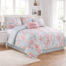 Blue Pink Floral LOVE Queen Quilt Set 5pc Reversible Bedding Shams