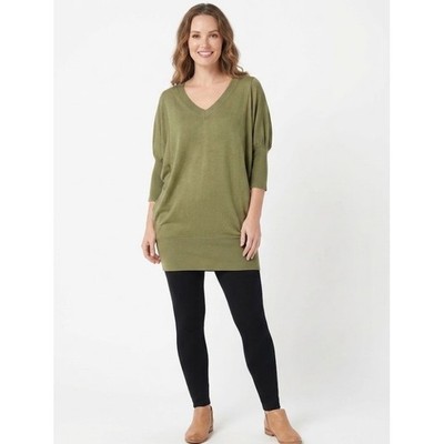 New Twin-Set Large Green Olive Beaded V Neck Ultra Soft Knit Artsy Tunic