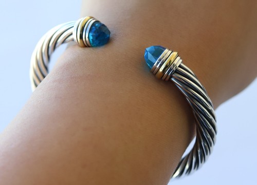 David Yurman Silver 7mm Cable Bracelet Blue Topaz & Gold size Medium