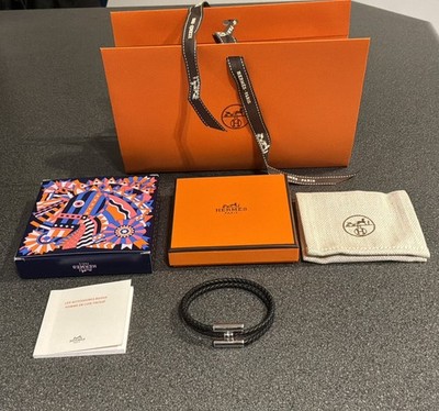 HERMES TOURNIS TRESSE Bracelet Armband Schwarz Silber Gr T4 L