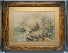 Beautiful Antique CHROMOLITHOGRAPH Print J.HOOVER Wood Framed Picture