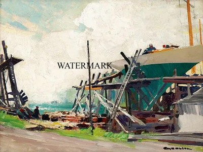 ROY MARTELL MASON - Shipyard Sailboat under Repair - 17x22 Oil Painting REPRO
