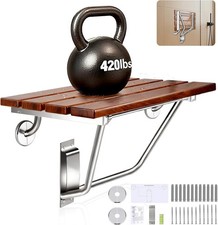 Teak Folding Shower Seat Wall Mount 18in Bench 420lb Stainless Steel Frame