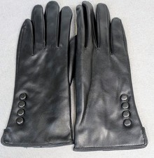 Womens Black Driving Gloves Size M PU Leather Wool Lined Classic Button Detail