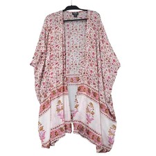 Angie Women Pink Floral Rayon Kimono Wrap Open Front Cardigan Size Small