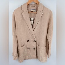 Pilcro Anthropologie women linen blend relaxed double breasted tan blazer XS NWT