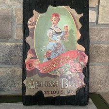 READ Vintage Anheuser Busch Original Budweiser Wall Hanging Plaque Girl 18 X 11