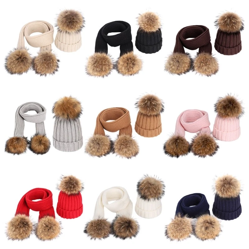 2pcs Children Knitted Beanie Hat Long Scarf Set Infant Baby Fake Fur Ball Pom