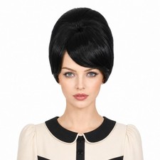 NIUOBYS Short Beehive Bouffant Wig with Bangs for Women, 60s 70s Black