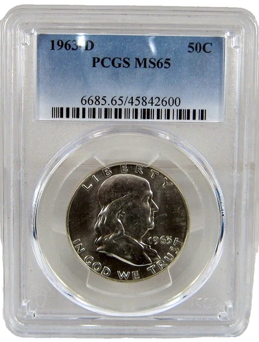 1963-D 50c Franklin Half Dollar, 90% Silver RARE AND BLAST WHITE MS65 # 600-4