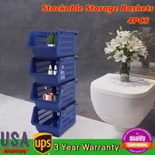 4pcs Fruit Stackable Storage Baskets Blue Pp Odorless Storage Cubes With Rollers