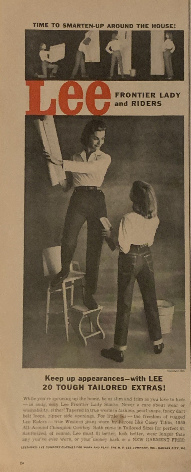 1956 Lee Jeans Women PRINT AD Frontier Lady & Riders - Wear Around House VTG 50s