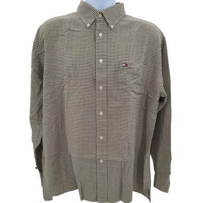 Tommy Hilfiger Mens Small Check Shirt Classic Fit Cotton Brown & White Size L