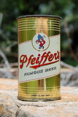 EXCELLENT PFEIFFER'S FAMOUS BEER FLAT TOP CAN W/CONTENTS ON FRONT!