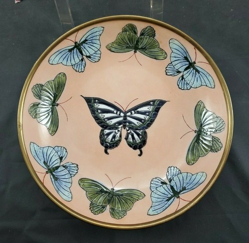 Vintage! BUTTERFLY DECORATED PLATE BRASS CLAD PORCELAIN WARE HONG KONG