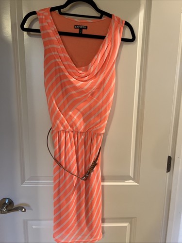 Express Womens XS Neon Orange White Striped Belt Tank Top Dress Cowl Neck Flirty