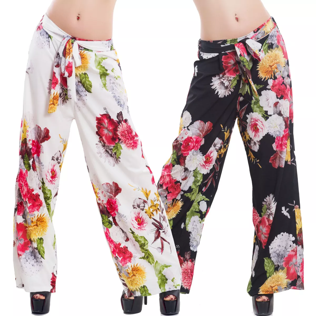 Pantaloni donna palazzo ampi fiori fantasia floreale cinta eleganti sexy VB 1088