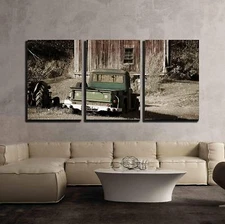 Wall26 - Old Truck in Front of Old Barn - Canvas Wall Art - 16"x24"x3 Panels