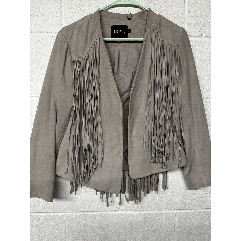 NEW DOMA Genuine Goat Suede Leather Fringe Jacket SIZE LARGE L in soft gray - Image 3 of 4