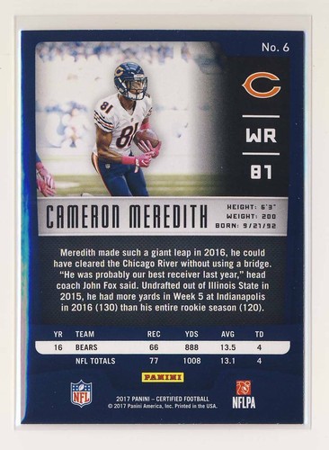 2017 Certified #6 Cameron Meredith Base Card BX6 - Picture 2 of 2