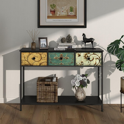 Entryway Console Table with 3 Retro Flowers Fabric Drawers Boho Narrow Long behi