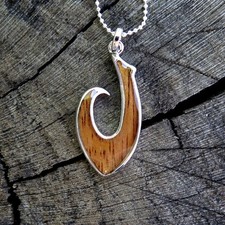 Hawaiian Jewelry Koa Wood Fish Hook Rhodium Silver Plated Brass Pendant BRP1107