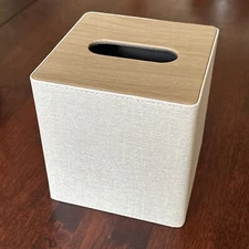 Stylish Beige Tissue Box Holder Linen Sides Wood Top