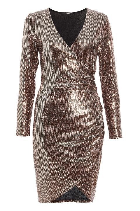 NWT Quiz Bronze Long Sleeved Party Sparkly Metallic Wrap Dress