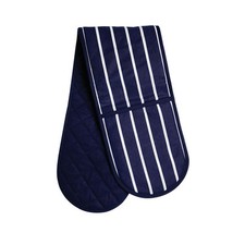 Image of 100% Cotton Double Oven Glove Blue Insulated Home Kitchen Butcher Stripe Design