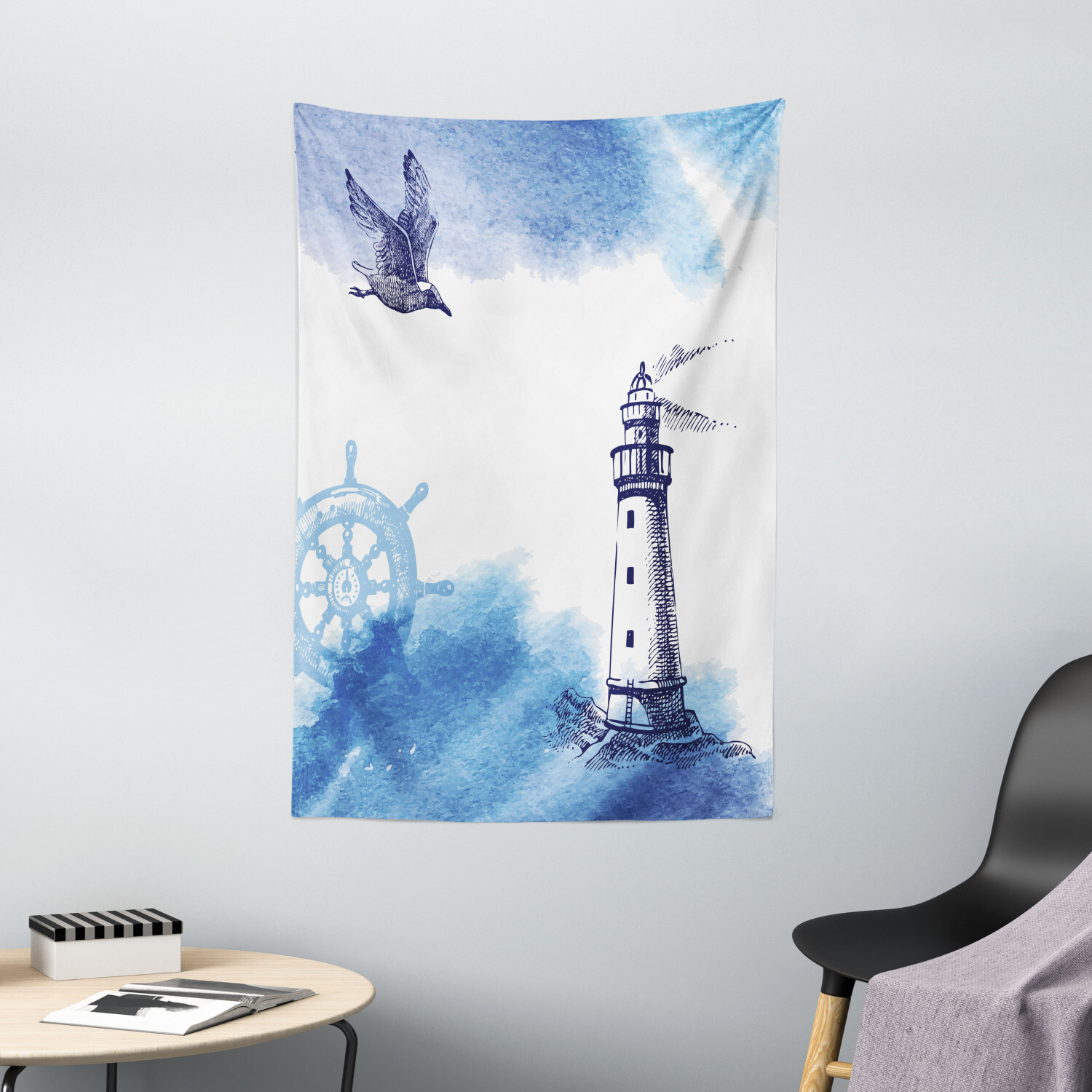 Lighthouse Tapestry Handdrawn Art Anchor Print Wall Hanging Decor