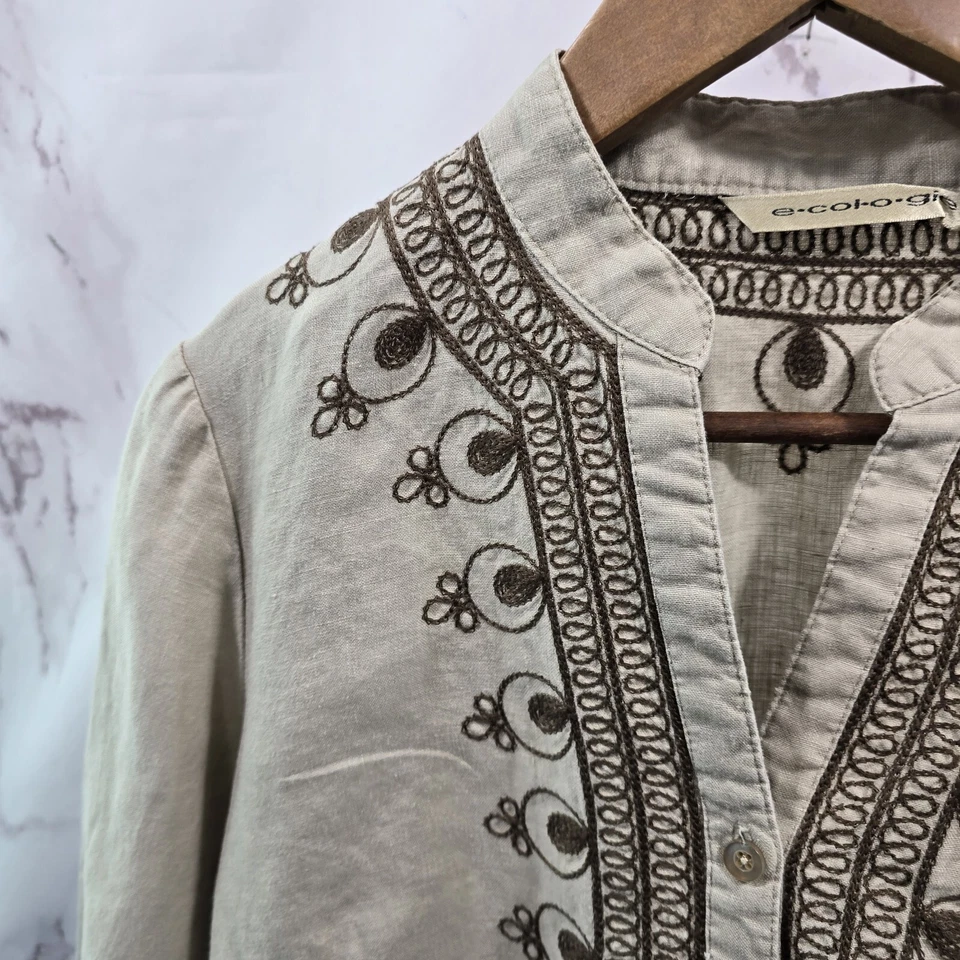 Camisa Ecologie Mujer Grande Taupe Lino Botón Popover Muesca V Bordada De Colección Foto 2 de 4
