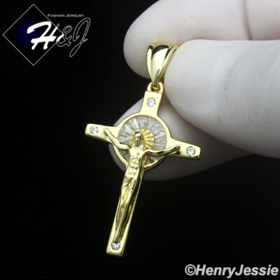 MEN 925 STERLING SILVER CZ JESUS CHRIST CROSS CRUCIFIX GOLD PLATED ...