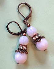 double PINK OPALITE & AB Rhinestone roundel COPPER LEVER BACK handcrafted