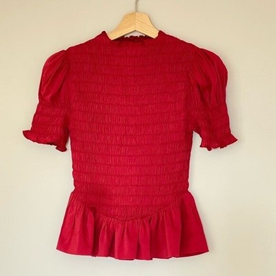 NEW Reformation Aggie Short Sleeve Top Rubies Dark Red Smocked Top | size XS
